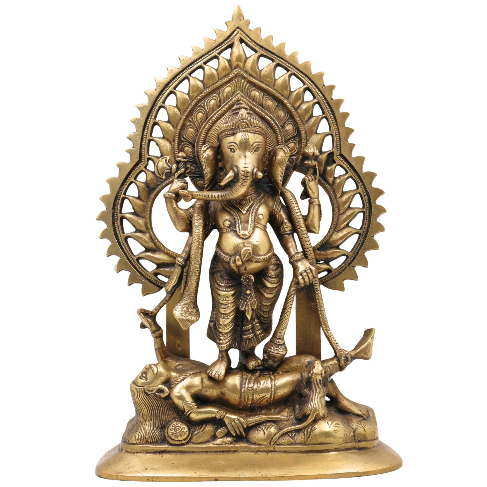 Brass Sindhura Samhara Ganesha Idol – Veera Ganapathi | Ugra Vinayaka | Asura Samhara Ganapati Murti for Home Temple & Puja Decor, Gold, 13 Inch, 1 Piece