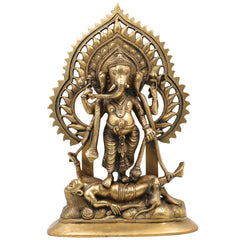Brass Sindhura Samhara Ganesha Idol – Veera Ganapathi | Ugra Vinayaka | Asura Samhara Ganapati Murti for Home Temple & Puja Decor, Gold, 13 Inch, 1 Piece