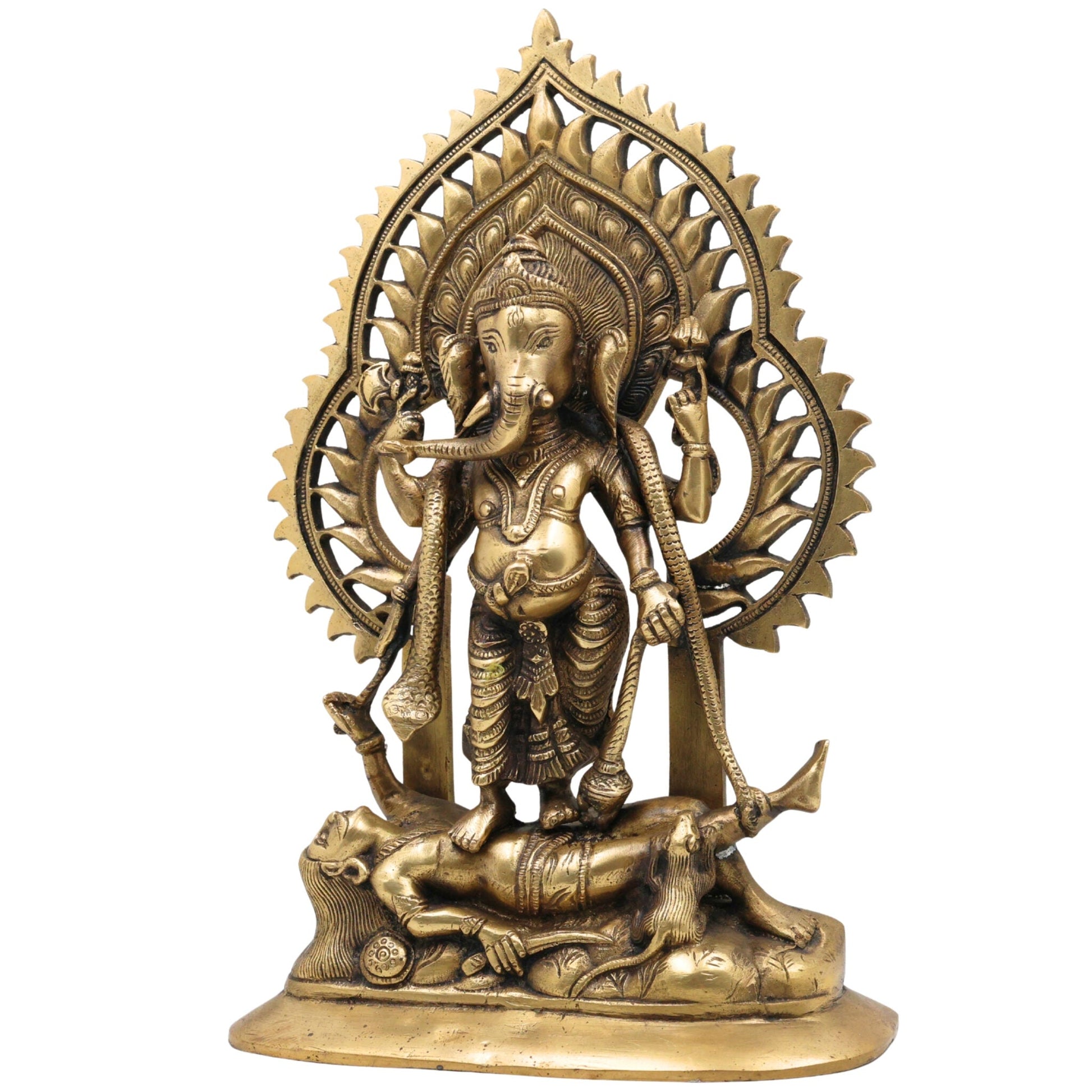 Brass Sindhura Samhara Ganesha Idol – Veera Ganapathi | Ugra Vinayaka | Asura Samhara Ganapati Murti for Home Temple & Puja Decor, Gold, 13 Inch, 1 Piece