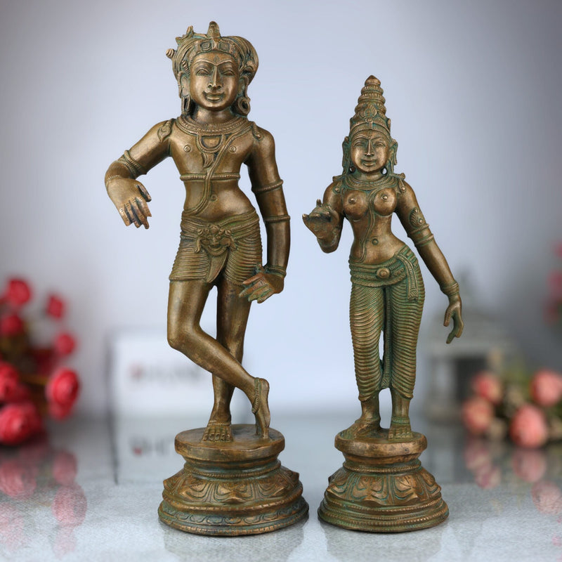 Bronze Vrishavahana Shiva Parvati Idol, Panchaloha Gauri Shankar Statue, Uma Maheshwar Bronze Chola Art Sculpture, Gold, 14 Inch, 1 Piece