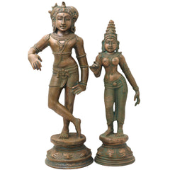 Bronze Vrishavahana Shiva Parvati Idol, Panchaloha Gauri Shankar Statue, Uma Maheshwar Bronze Chola Art Sculpture, Gold, 14 Inch, 1 Piece