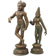 Bronze Vrishavahana Shiva Parvati Idol, Panchaloha Gauri Shankar Statue, Uma Maheshwar Bronze Chola Art Sculpture, Gold, 14 Inch, 1 Piece