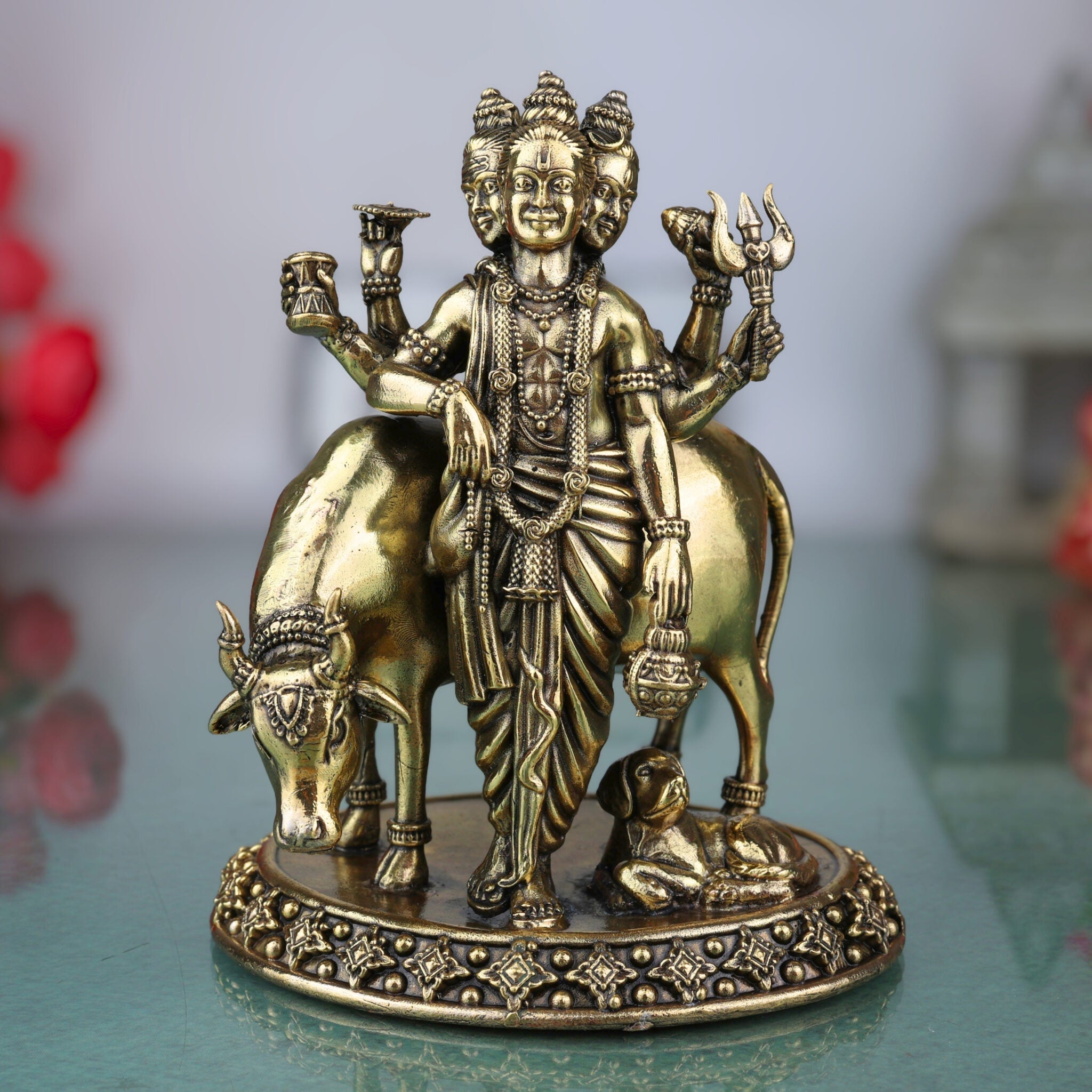 Brass Dattatreya Idol – Handcrafted Datta Murti, Pratima & Vigraha for Pooja, Home Decor, Temple, Gifts & Spiritual Collection, Gold, 5.5 Inch, 1 Piece