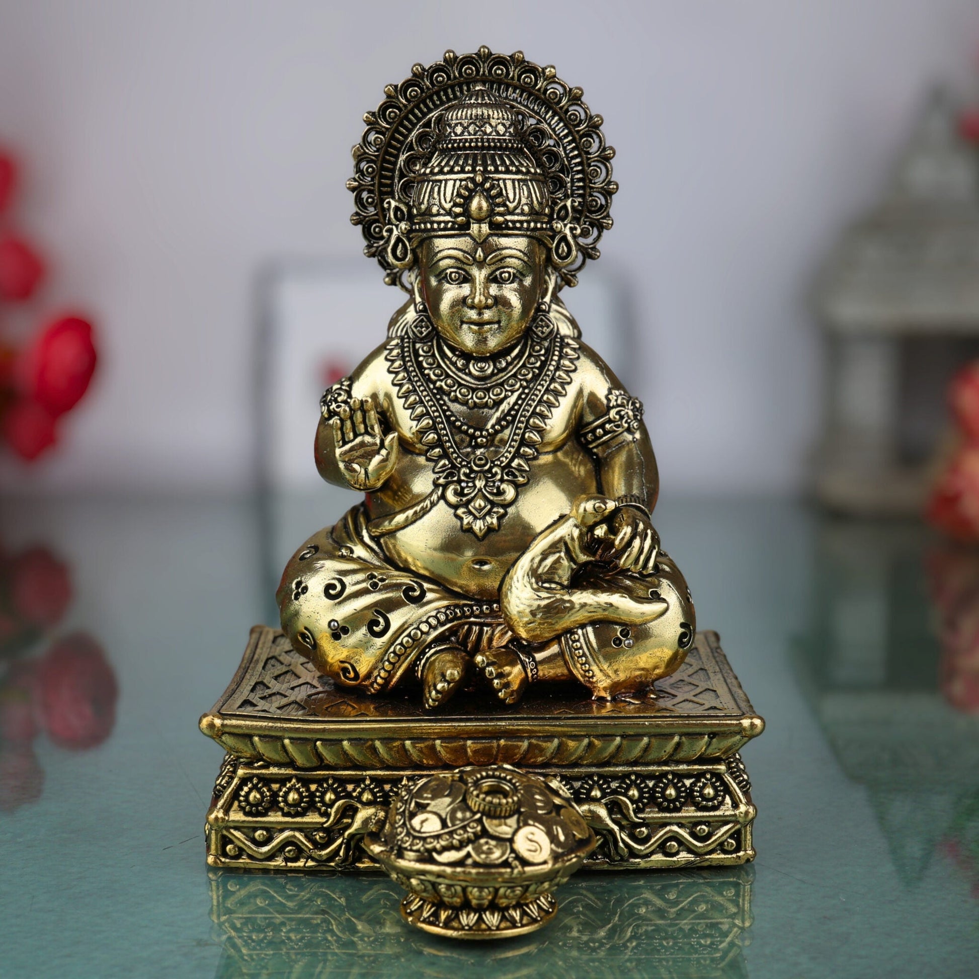 Brass Handcrafted Kubera Idol – Dhanapati Murti, Lord of Wealth Statue, Kubera Figurine for Home, Pooja, Temple & Prosperity Decor, Gold, 6.5 Inch, 1 Piece