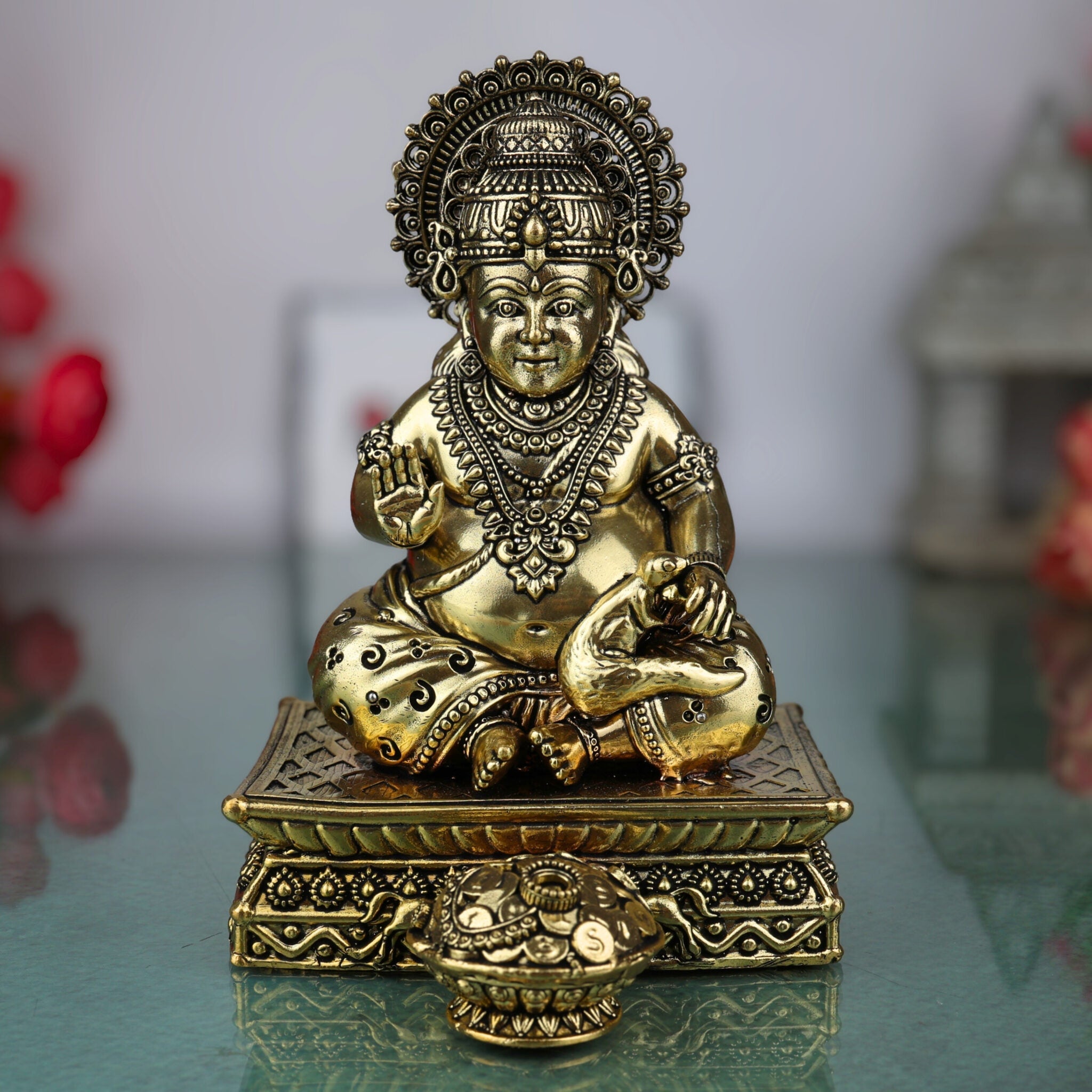 Brass Handcrafted Kubera Idol – Dhanapati Murti, Lord of Wealth Statue, Kubera Figurine for Home, Pooja, Temple & Prosperity Decor, Gold, 6.5 Inch, 1 Piece