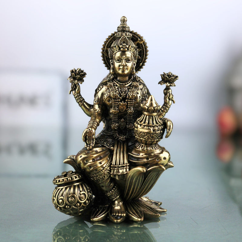 Brass Lakshmi Murti | Mahalakshmi Idol, ShriLakshmi Statue for Pooja, Home Decor & Gifts, Gold, 4 Inch, 1 Piece
