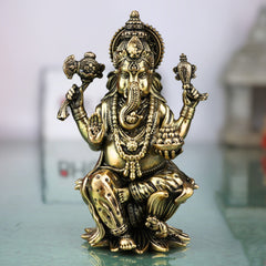 Brass Ganesha Idol – Handcrafted Vinayaka, Siddhivinayak, Ganapati Murti for Home Temple, Pooja, Office Decor & Spiritual Blessings, Gold, 4 Inch, 1 Piece