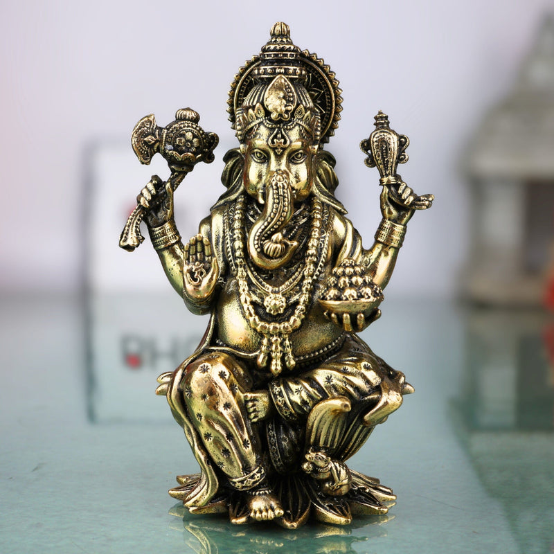 Brass Ganesha Idol – Handcrafted Vinayaka, Siddhivinayak, Ganapati Murti for Home Temple, Pooja, Office Decor & Spiritual Blessings, Gold, 4 Inch, 1 Piece