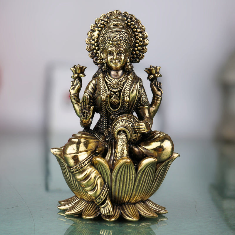 Brass Lakshmi Idol, Mahalaxmi, Sri Lakshmi, Lakshmi Devi Murti for Home Pooja, Temple Decor, Gifts & Spiritual Blessings, Gold, 4 Inch, 1 Piece