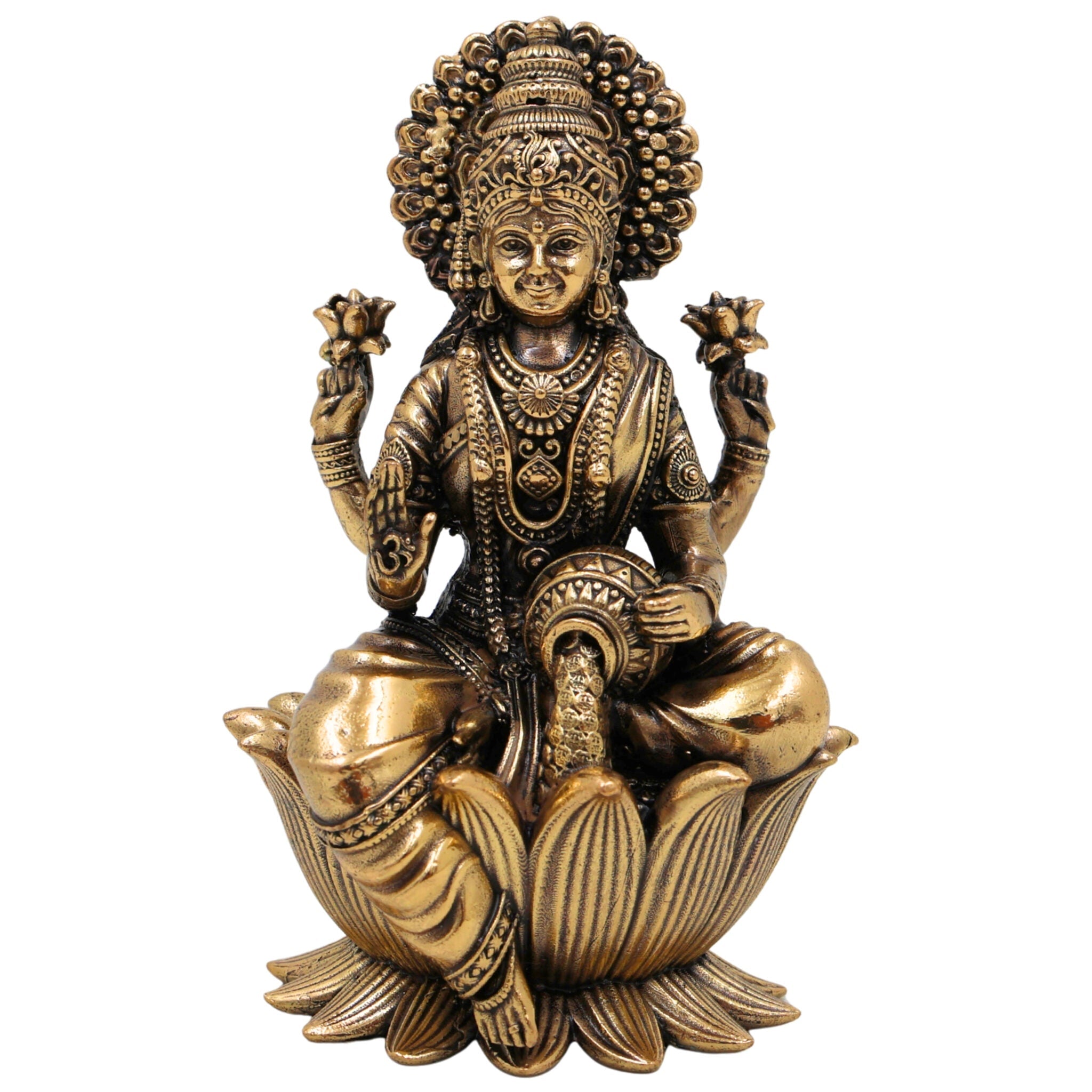 Brass Lakshmi Idol, Mahalaxmi, Sri Lakshmi, Lakshmi Devi Murti for Home Pooja, Temple Decor, Gifts & Spiritual Blessings, Gold, 4 Inch, 1 Piece