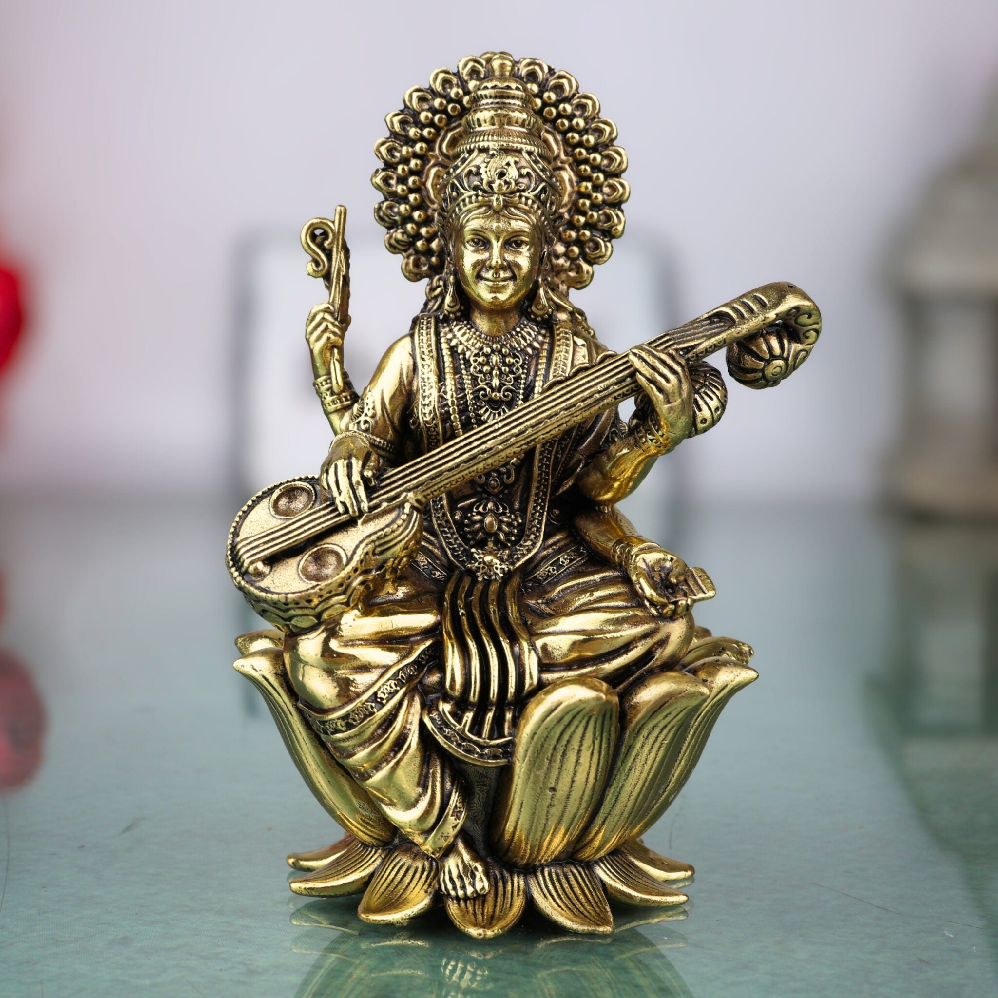Brass Saraswati Idol, Maa Saraswati Murti, Sharada Vagdevi Statue for Pooja, Home Temple, Study Table, Spiritual Decor & Gifting, Gold, 4 Inch, 1 Piece