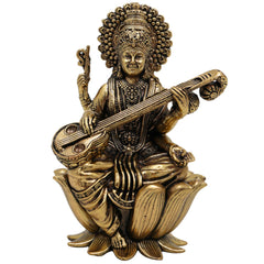 Brass Saraswati Idol, Maa Saraswati Murti, Sharada Vagdevi Statue for Pooja, Home Temple, Study Table, Spiritual Decor & Gifting, Gold, 4 Inch, 1 Piece