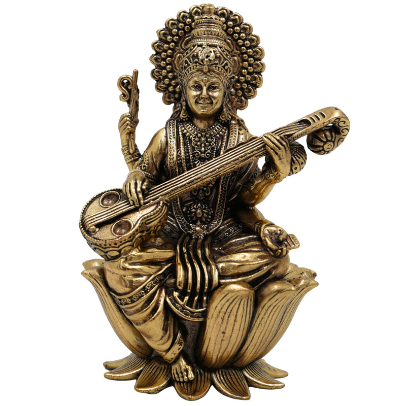Brass Saraswati Idol, Maa Saraswati Murti, Sharada Vagdevi Statue for Pooja, Home Temple, Study Table, Spiritual Decor & Gifting, Gold, 4 Inch, 1 Piece