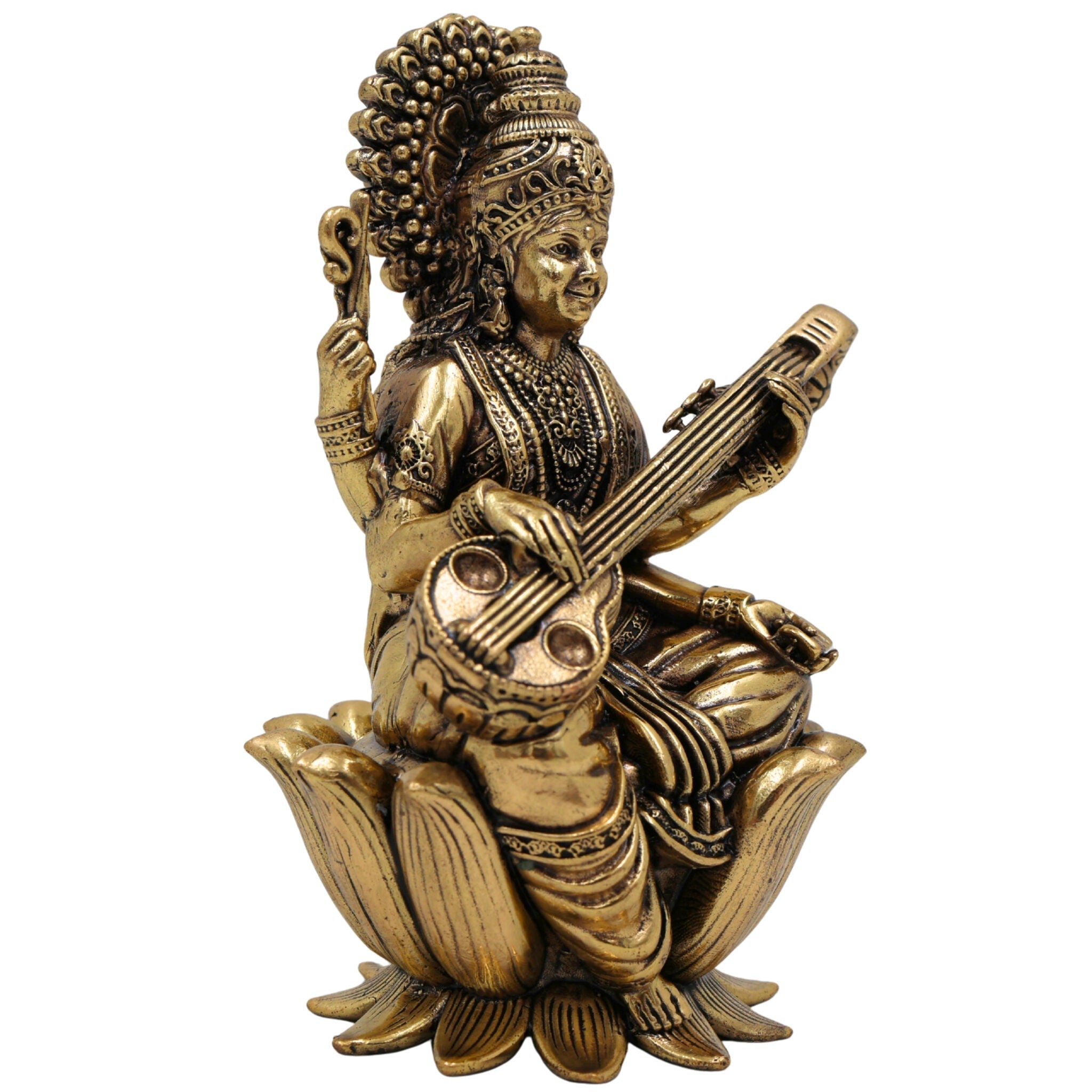Brass Saraswati Idol, Maa Saraswati Murti, Sharada Vagdevi Statue for Pooja, Home Temple, Study Table, Spiritual Decor & Gifting, Gold, 4 Inch, 1 Piece