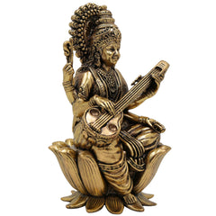 Brass Saraswati Idol, Maa Saraswati Murti, Sharada Vagdevi Statue for Pooja, Home Temple, Study Table, Spiritual Decor & Gifting, Gold, 4 Inch, 1 Piece