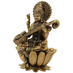 Brass Saraswati Idol, Maa Saraswati Murti, Sharada Vagdevi Statue for Pooja, Home Temple, Study Table, Spiritual Decor & Gifting, Gold, 4 Inch, 1 Piece