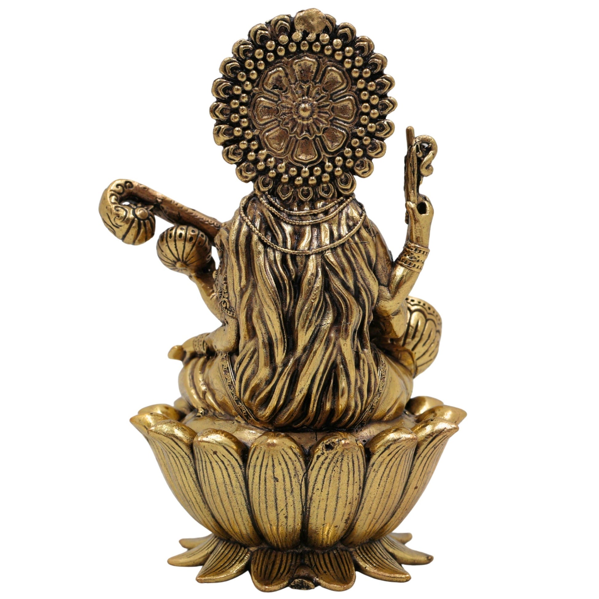 Brass Saraswati Idol, Maa Saraswati Murti, Sharada Vagdevi Statue for Pooja, Home Temple, Study Table, Spiritual Decor & Gifting, Gold, 4 Inch, 1 Piece