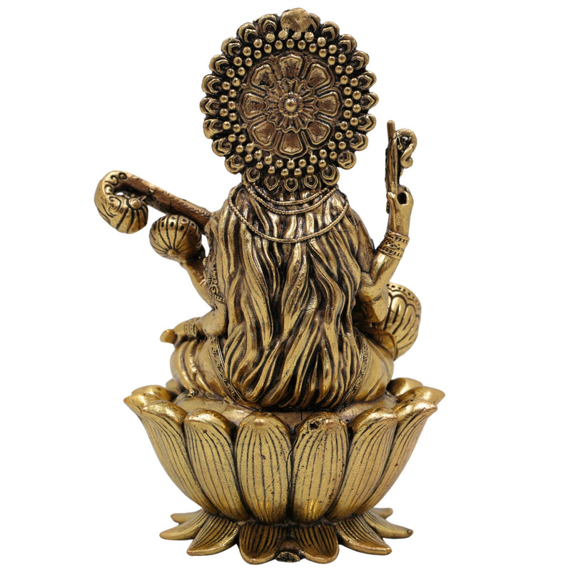 Brass Saraswati Idol, Maa Saraswati Murti, Sharada Vagdevi Statue for Pooja, Home Temple, Study Table, Spiritual Decor & Gifting, Gold, 4 Inch, 1 Piece