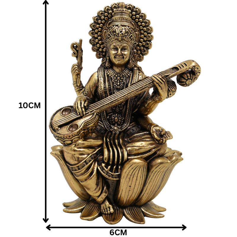 Brass Saraswati Idol, Maa Saraswati Murti, Sharada Vagdevi Statue for Pooja, Home Temple, Study Table, Spiritual Decor & Gifting, Gold, 4 Inch, 1 Piece