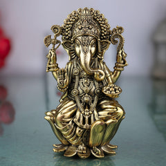 Brass Ganesha Idol, Handcrafted Vinayaka Murti, Siddhivinayak, Ganapati Statue for Home Temple, Pooja, Decor & Gifts, Gold, 4 Inch, 1 Piece
