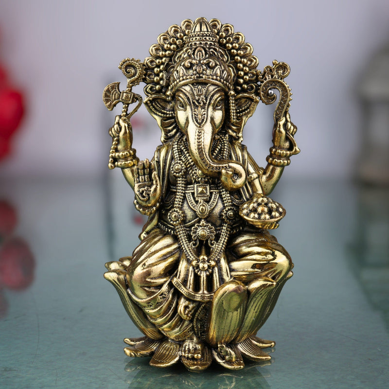 Brass Ganesha Idol, Handcrafted Vinayaka Murti, Siddhivinayak, Ganapati Statue for Home Temple, Pooja, Decor & Gifts, Gold, 4 Inch, 1 Piece