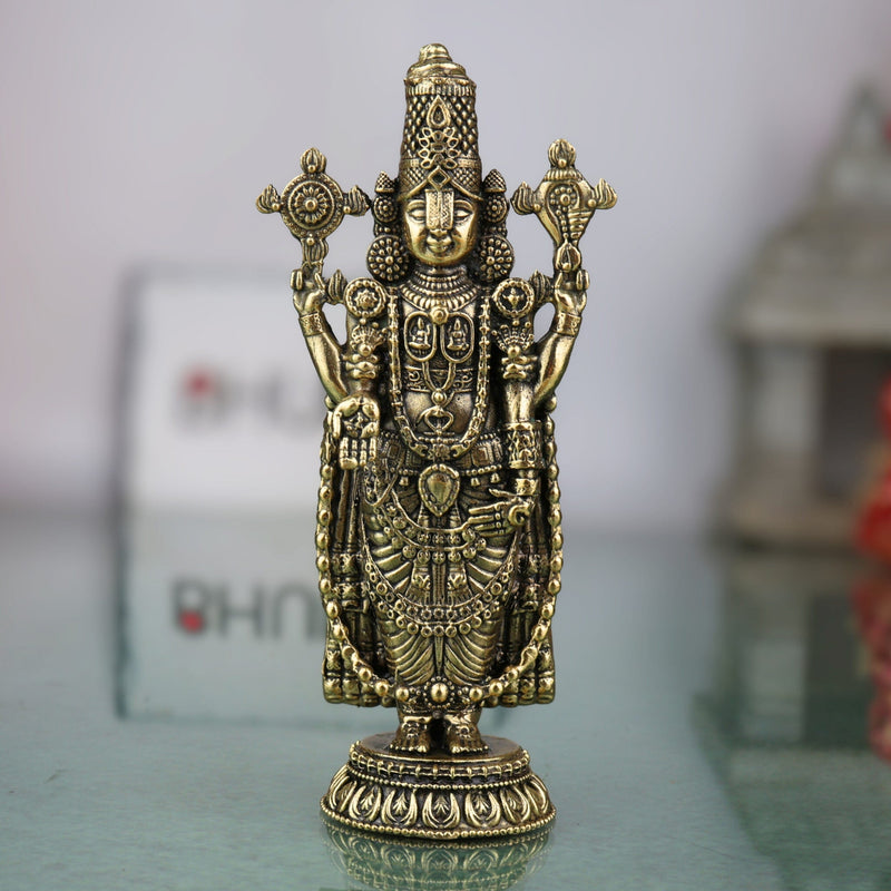 Brass Tirupati Balaji Idol, Venkateswara Murti, Lord Balaji Statue For Car Dashboard, Srinivasa Vigraham for Pooja, Home Decor & Gifts, Gold, 4 Inch, 1 Piece