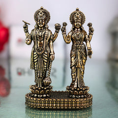 Brass Vishnu Lakshmi Idol, Lakshmi Narayan Murti For Car Dashboard, Shri Vishnu-Lakshmi Statue, Handcrafted Miniature for Pooja, Home Temple & Decor, Gold, 3 Inch, 1 Piece