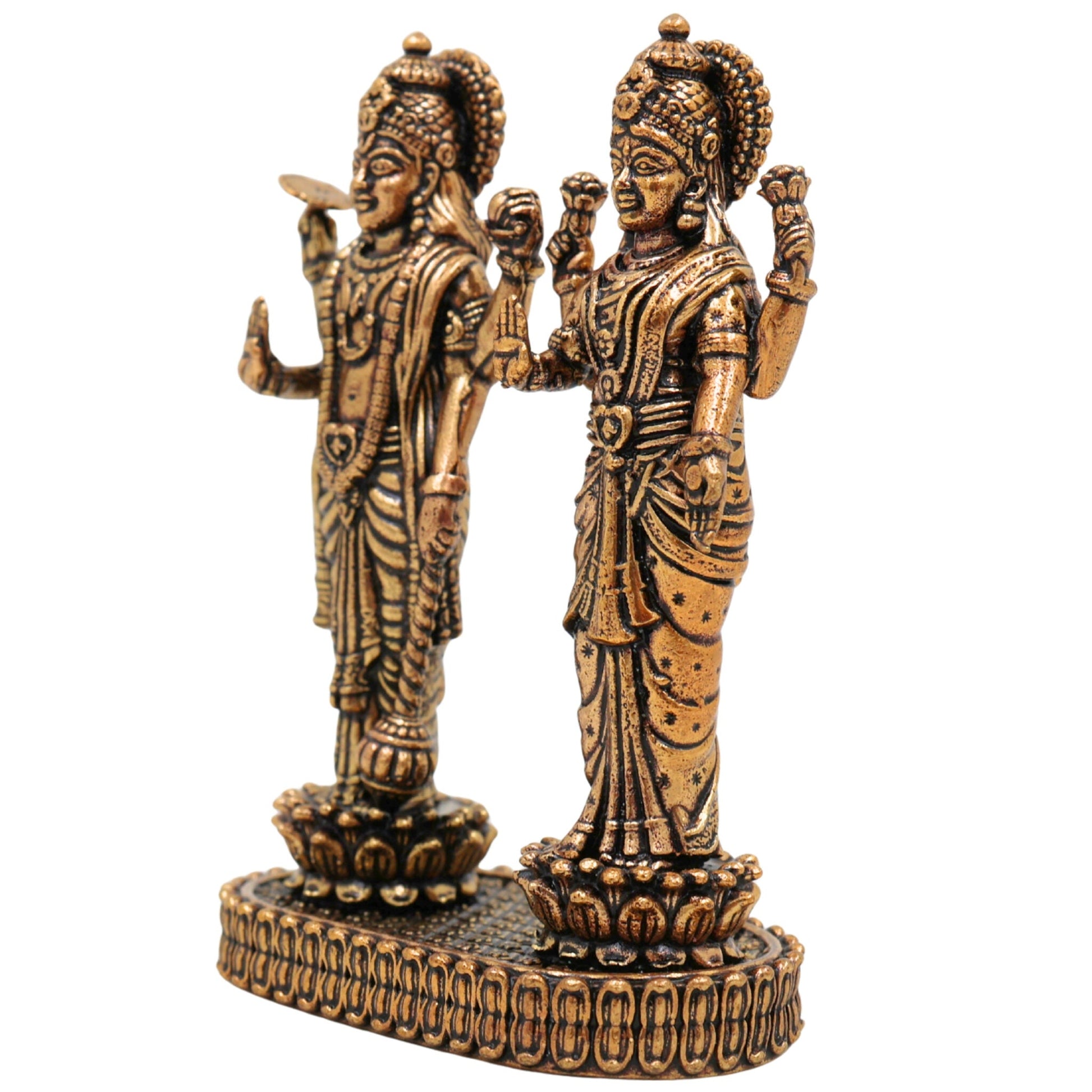Brass Vishnu Lakshmi Idol, Lakshmi Narayan Murti For Car Dashboard, Shri Vishnu-Lakshmi Statue, Handcrafted Miniature for Pooja, Home Temple & Decor, Gold, 3 Inch, 1 Piece