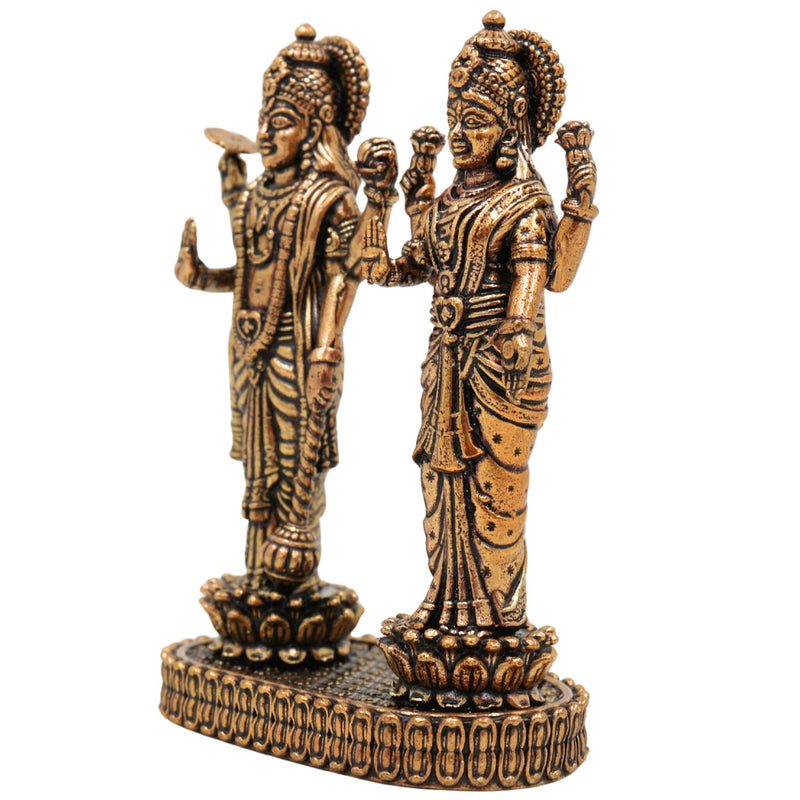 Brass Vishnu Lakshmi Idol, Lakshmi Narayan Murti For Car Dashboard, Shri Vishnu-Lakshmi Statue, Handcrafted Miniature for Pooja, Home Temple & Decor, Gold, 3 Inch, 1 Piece