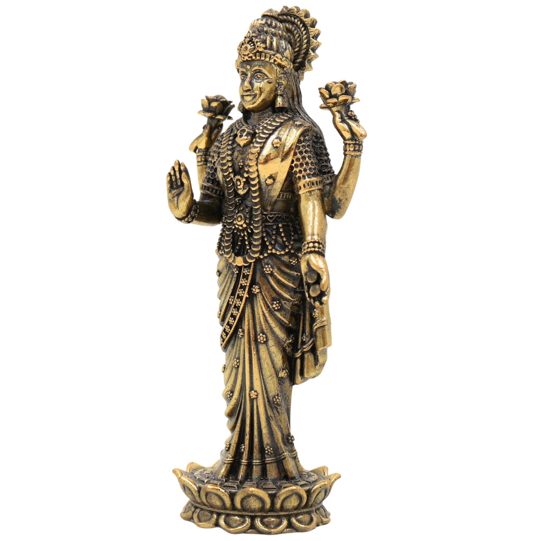 Brass Lakshmi Idol, Handcrafted Mahalaxmi Murti, Sri Lakshmi Statue, Goddess Lakshmi Pratima for Pooja, Home Decor & Gifts, Gold, 4.5 Inch, 1 Piece