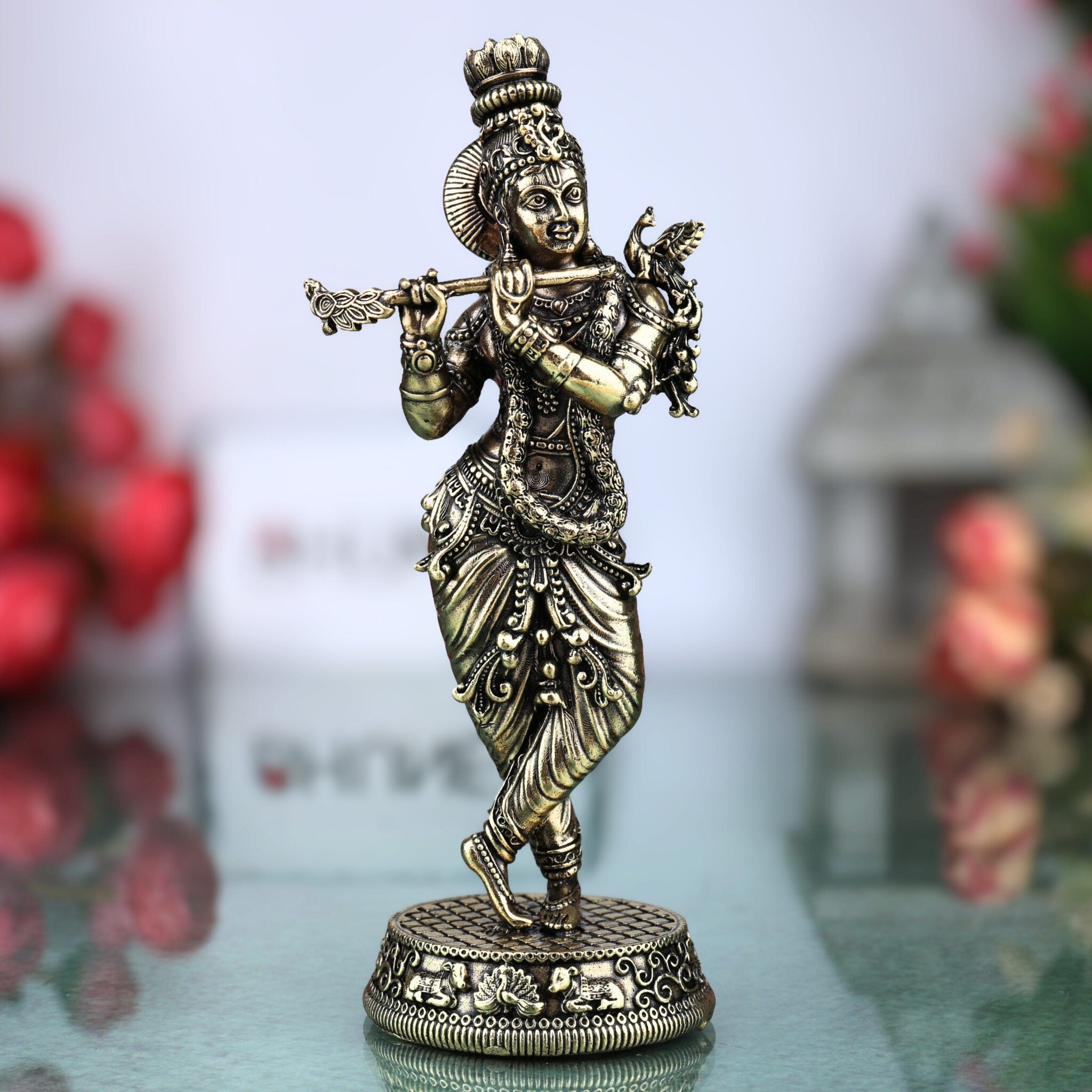 Brass Krishna Idol, Gopal, Shyam, Kanha Murti For Gifting, Madhusudan Vigraha, Handcrafted Miniature Statue for Home Decor & Pooja, Gold, 5.5 Inch, 1 Piece