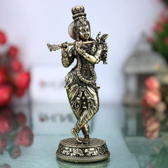 Brass Krishna Idol, Gopal, Shyam, Kanha Murti For Gifting, Madhusudan Vigraha, Handcrafted Miniature Statue for Home Decor & Pooja, Gold, 5.5 Inch, 1 Piece