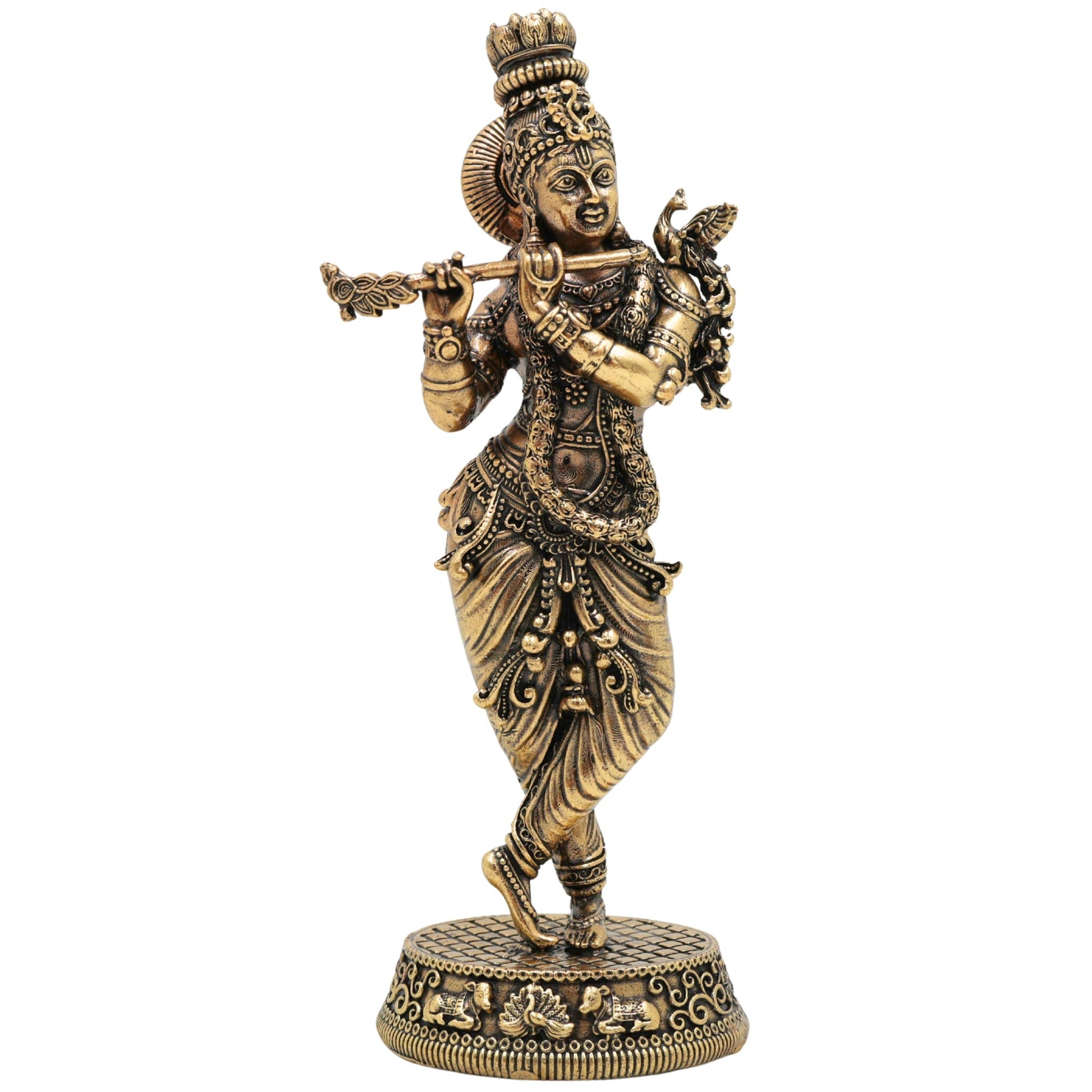 Brass Krishna Idol, Gopal, Shyam, Kanha Murti For Gifting, Madhusudan Vigraha, Handcrafted Miniature Statue for Home Decor & Pooja, Gold, 5.5 Inch, 1 Piece