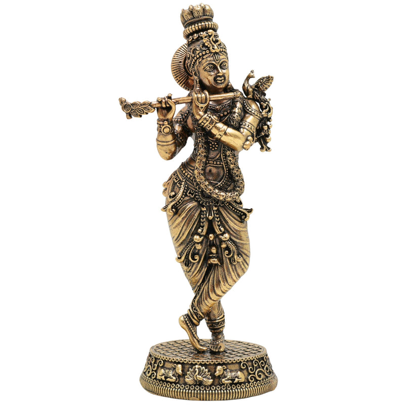 Brass Krishna Idol, Gopal, Shyam, Kanha Murti For Gifting, Madhusudan Vigraha, Handcrafted Miniature Statue for Home Decor & Pooja, Gold, 5.5 Inch, 1 Piece