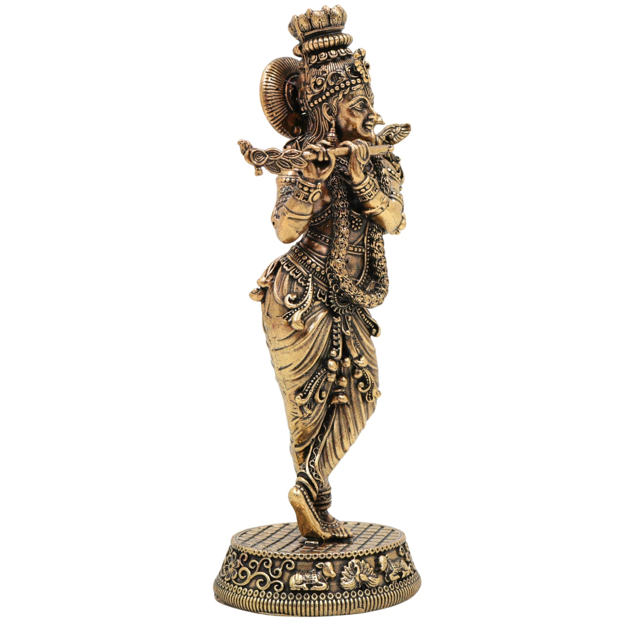 Brass Krishna Idol, Gopal, Shyam, Kanha Murti For Gifting, Madhusudan Vigraha, Handcrafted Miniature Statue for Home Decor & Pooja, Gold, 5.5 Inch, 1 Piece