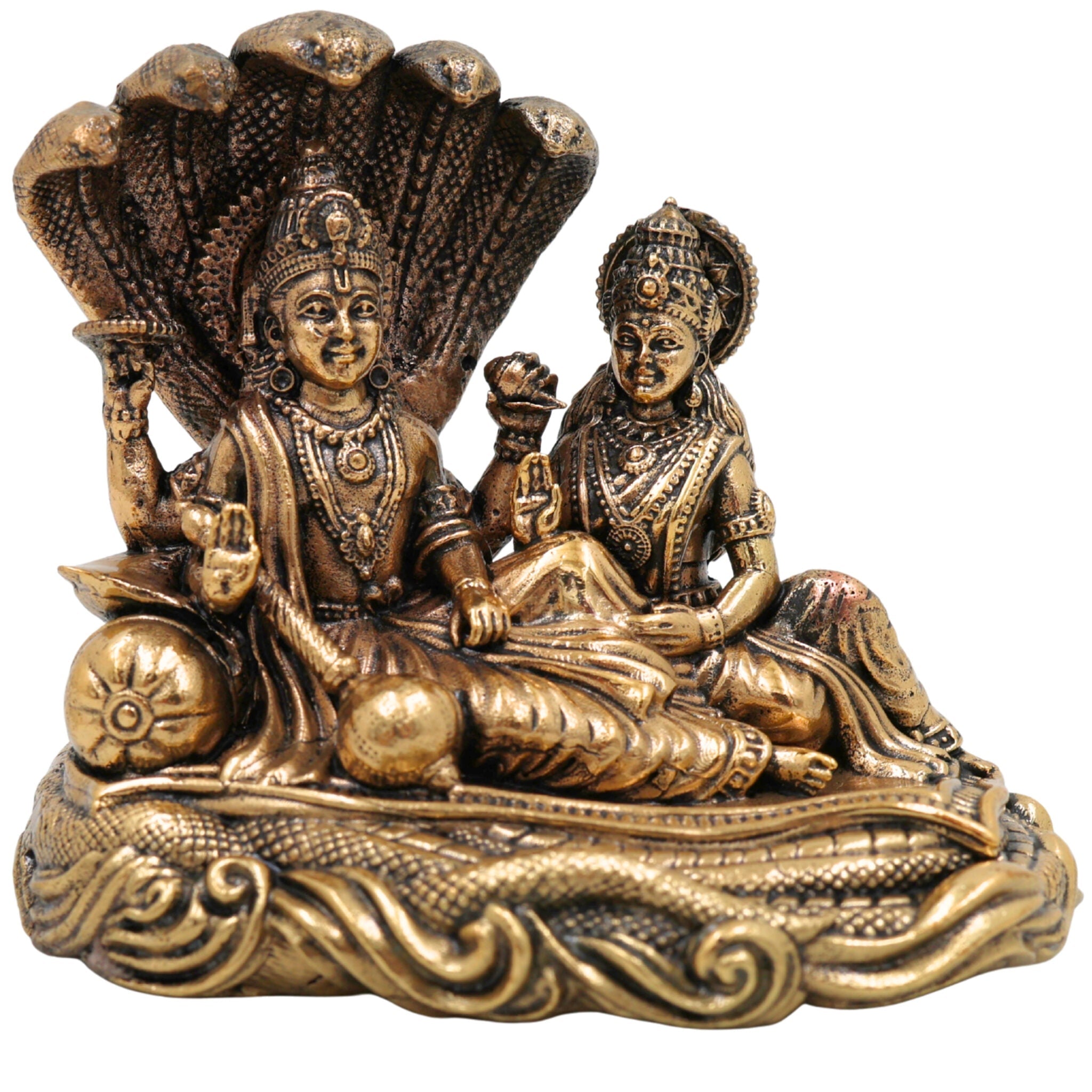 Brass Vishnu Lakshmi Idol, Handcrafted Lakshmi Narayan Murti, Shri Vishnu Lakshmi Statue for Home Temple, Pooja Decor & Spiritual Gift, Gold, 3 Inch, 1 Piece