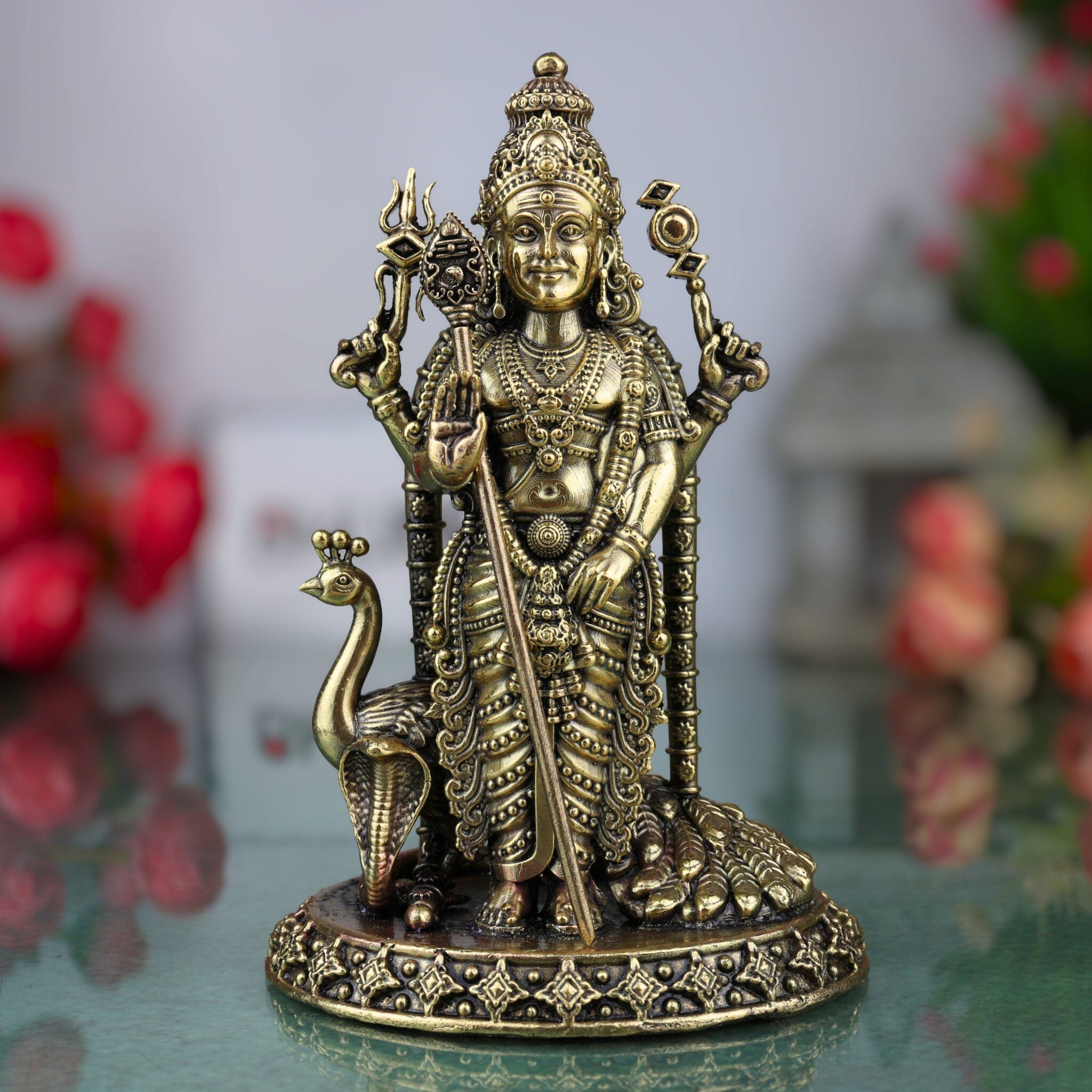 Brass Murugan Idol, Kartikeya / Skanda / Subramanya Statue, Handcrafted Lord Murugan Murti for Pooja, Home Decor, Spiritual Collection, Gold, 3 Inch, 1 Piece