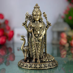 Brass Murugan Idol, Kartikeya / Skanda / Subramanya Statue, Handcrafted Lord Murugan Murti for Pooja, Home Decor, Spiritual Collection, Gold, 3 Inch, 1 Piece