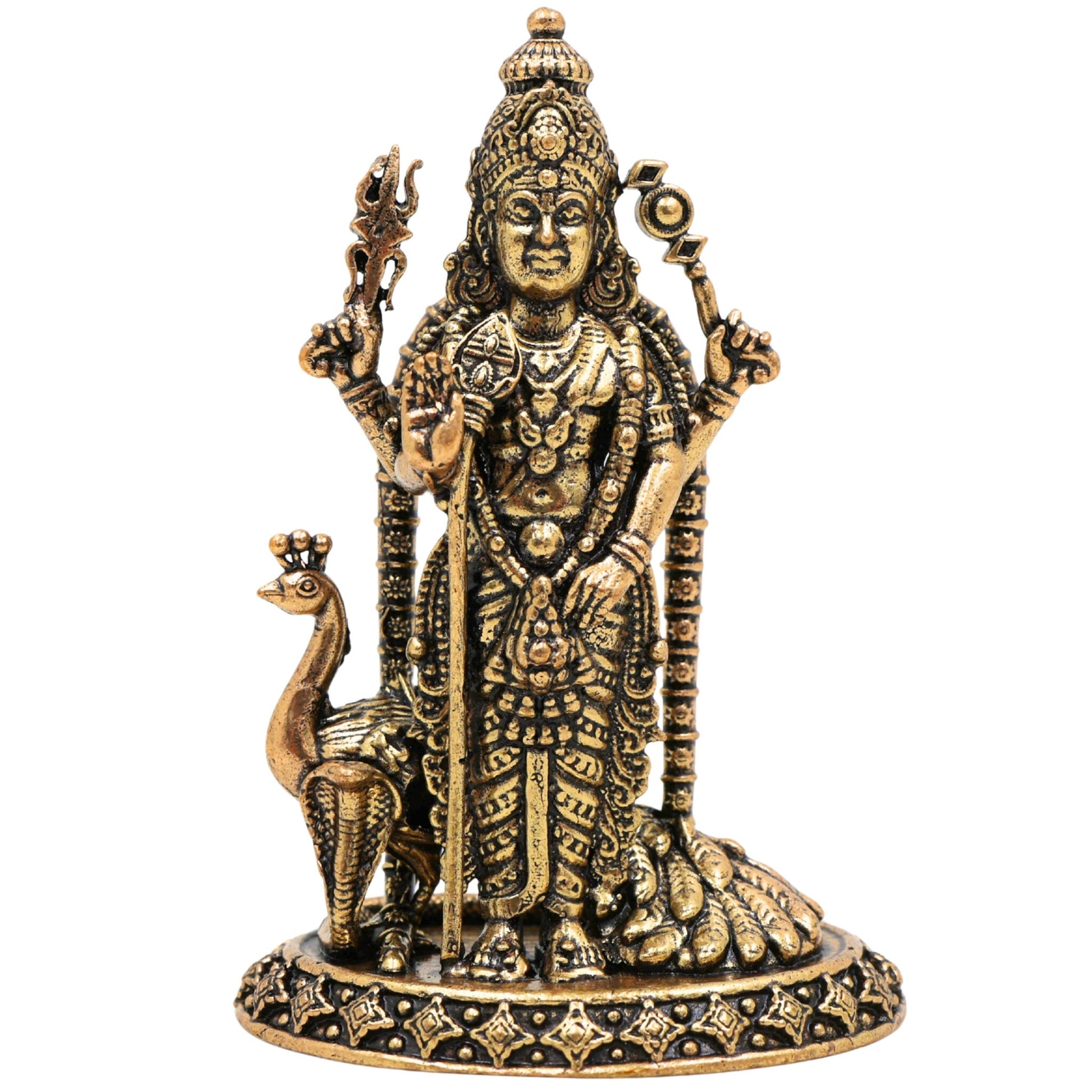 Brass Murugan Idol, Kartikeya / Skanda / Subramanya Statue, Handcrafted Lord Murugan Murti for Pooja, Home Decor, Spiritual Collection, Gold, 3 Inch, 1 Piece