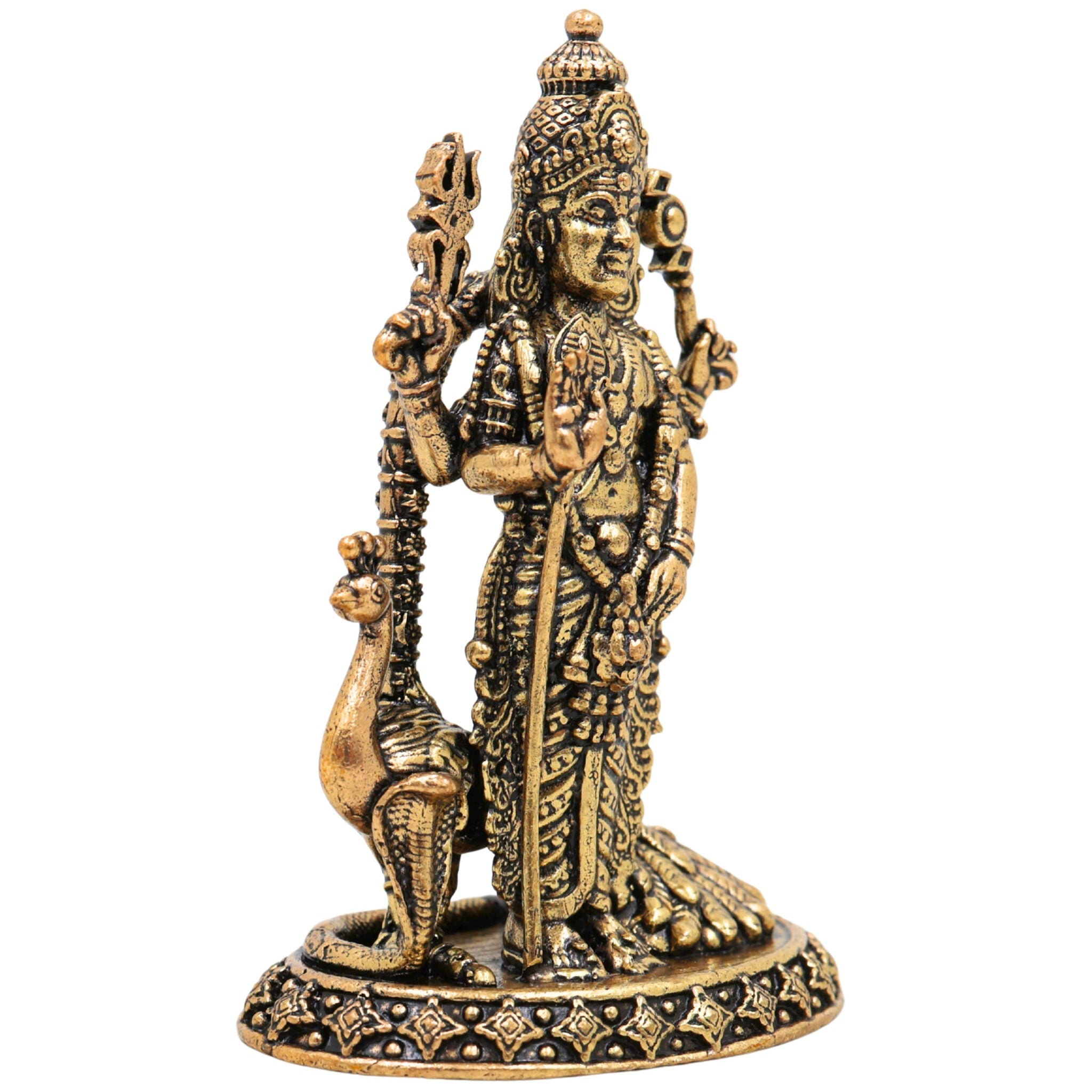 Brass Murugan Idol, Kartikeya / Skanda / Subramanya Statue, Handcrafted Lord Murugan Murti for Pooja, Home Decor, Spiritual Collection, Gold, 3 Inch, 1 Piece
