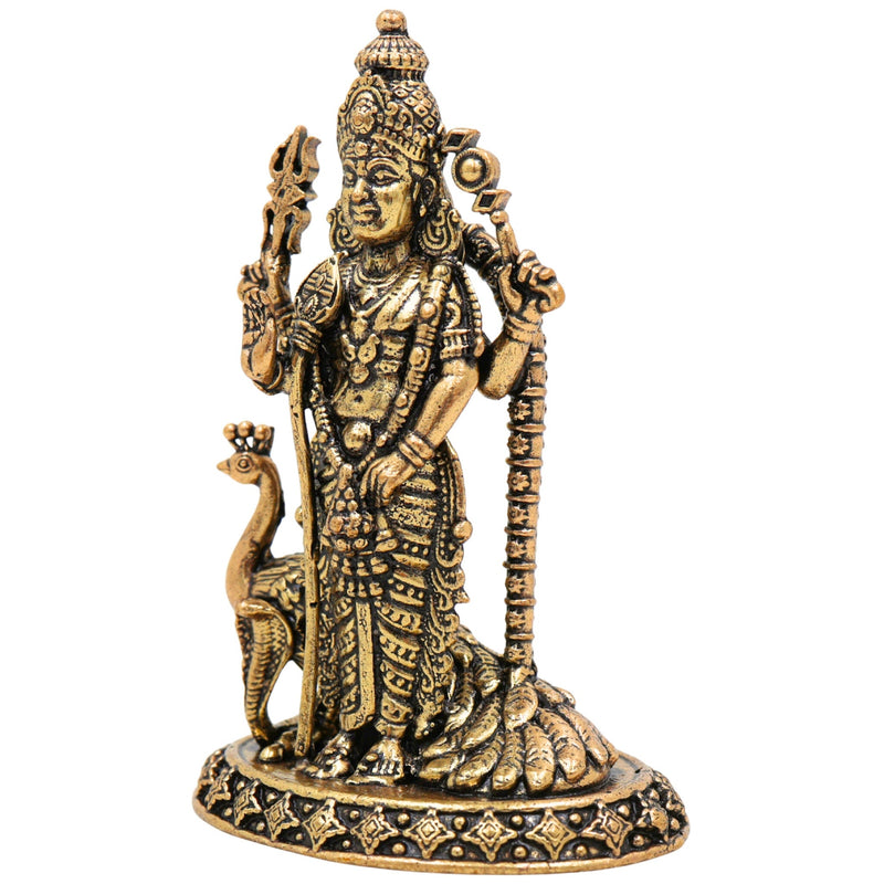 Brass Murugan Idol, Kartikeya / Skanda / Subramanya Statue, Handcrafted Lord Murugan Murti for Pooja, Home Decor, Spiritual Collection, Gold, 3 Inch, 1 Piece