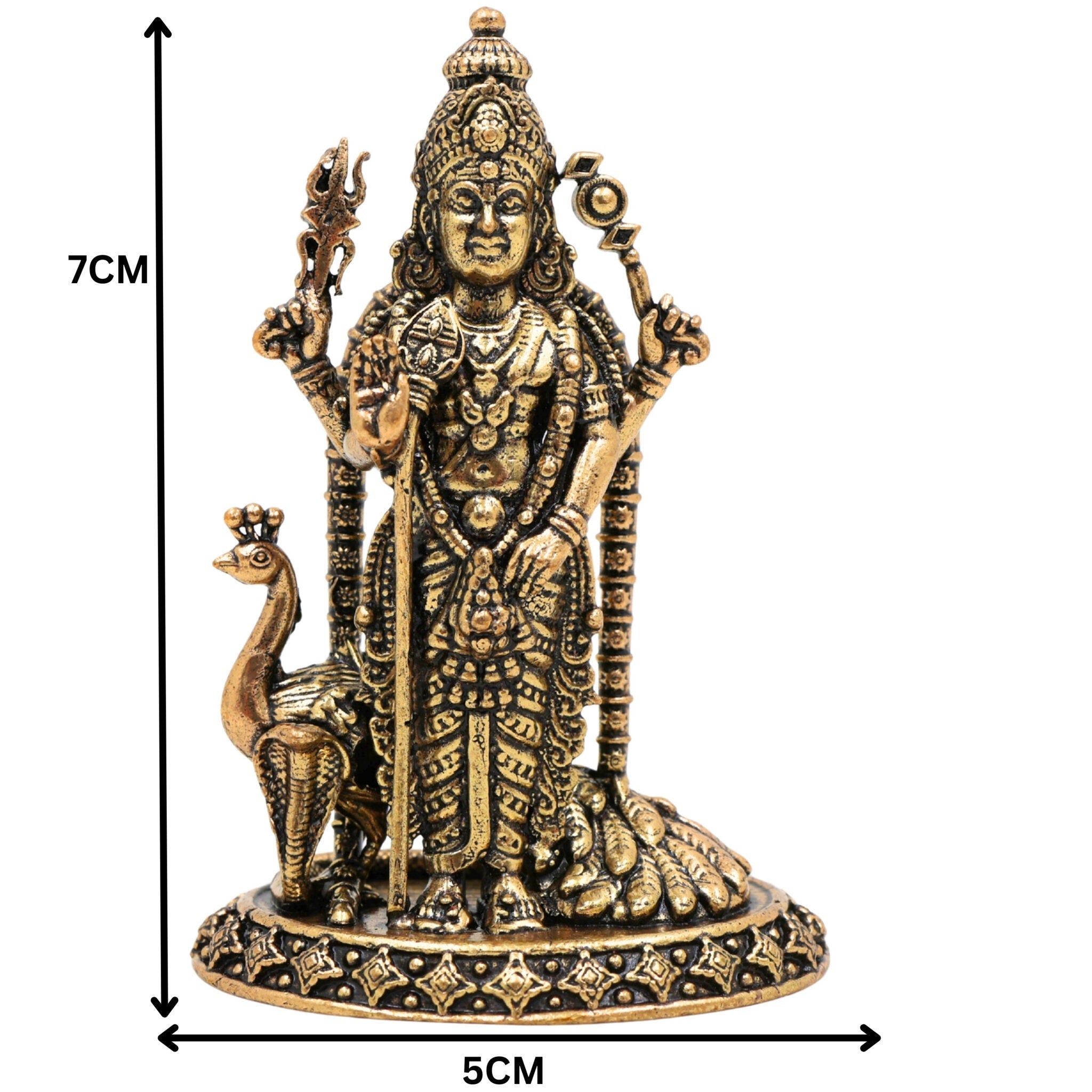 Brass Murugan Idol, Kartikeya / Skanda / Subramanya Statue, Handcrafted Lord Murugan Murti for Pooja, Home Decor, Spiritual Collection, Gold, 3 Inch, 1 Piece