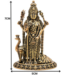 Brass Murugan Idol, Kartikeya / Skanda / Subramanya Statue, Handcrafted Lord Murugan Murti for Pooja, Home Decor, Spiritual Collection, Gold, 3 Inch, 1 Piece
