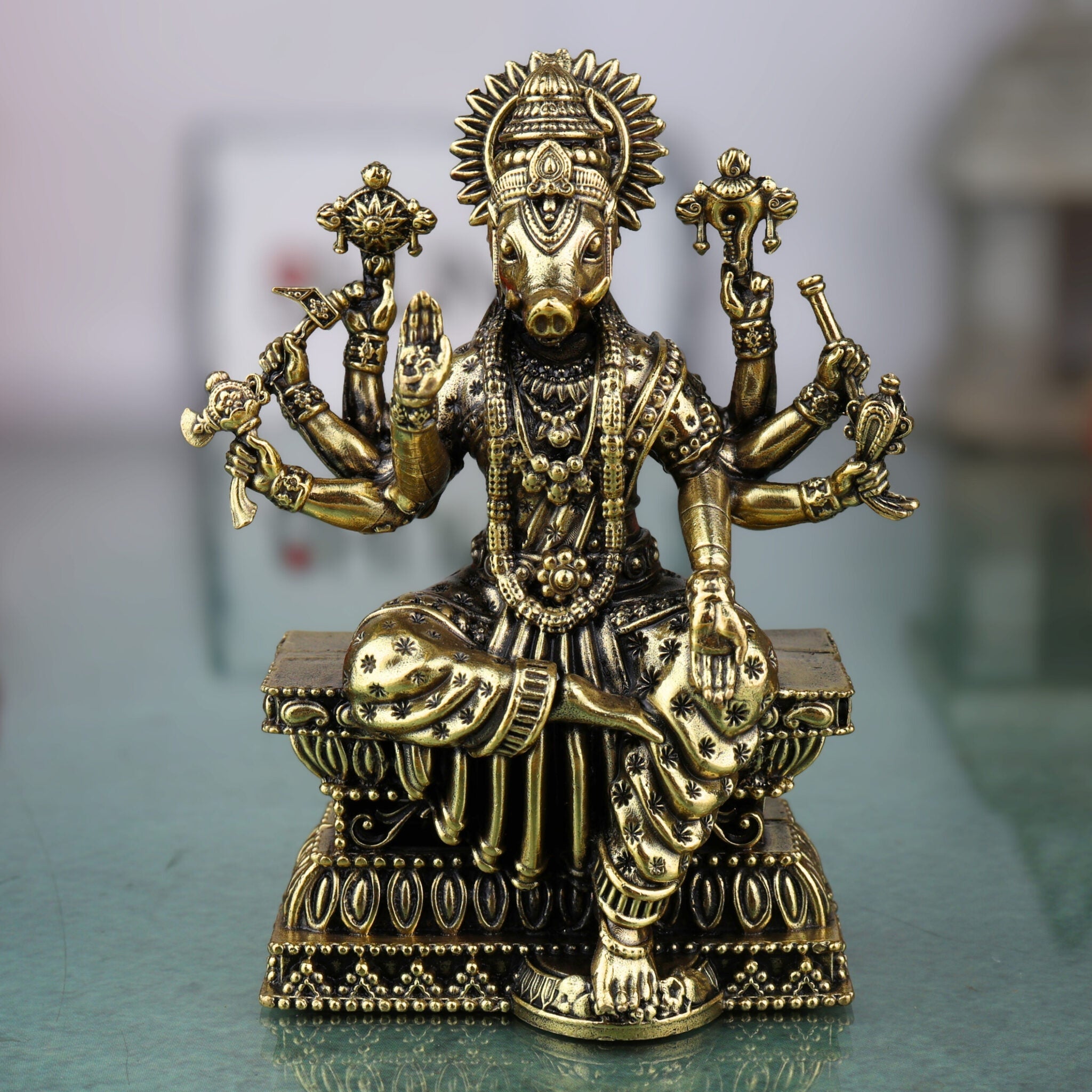 Brass Varahi Amman Idol, Handcrafted Hindu Goddess Statue, Miniature Detailed Varahi, Pooja & Home Temple Sculpture, Gold, 4 Inch, 1 Piece