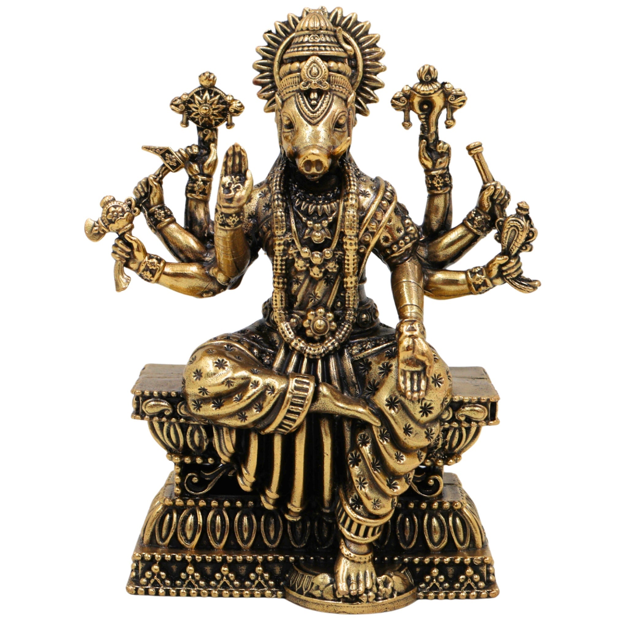 Brass Varahi Amman Idol, Handcrafted Hindu Goddess Statue, Miniature Detailed Varahi, Pooja & Home Temple Sculpture, Gold, 4 Inch, 1 Piece