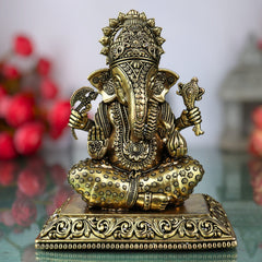 Brass Handcrafted Ganesha Idol, Siddhivinayak, Vinayaka Murti, Ganapati Statue for Pooja, Home Decor & Gifts, Gold, 6 Inch, 1 Piece