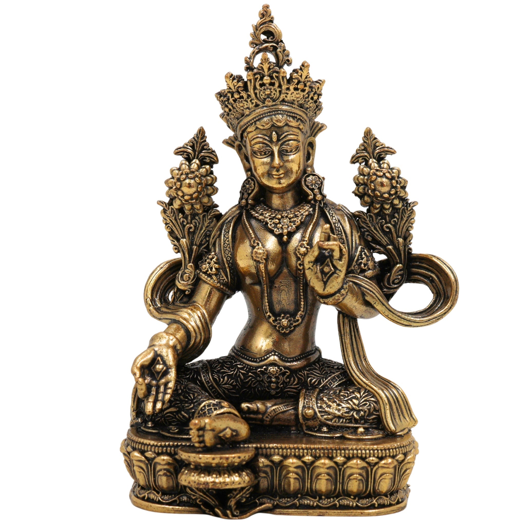 Brass Tara Ma Idol, Handcrafted Tara Maa Murti / Vigraha / Statue for Pooja, Home Decor, Spiritual Blessings, Ugratara, Mahaugrotara, Gold, 4.5 Inch, 1 Piece
