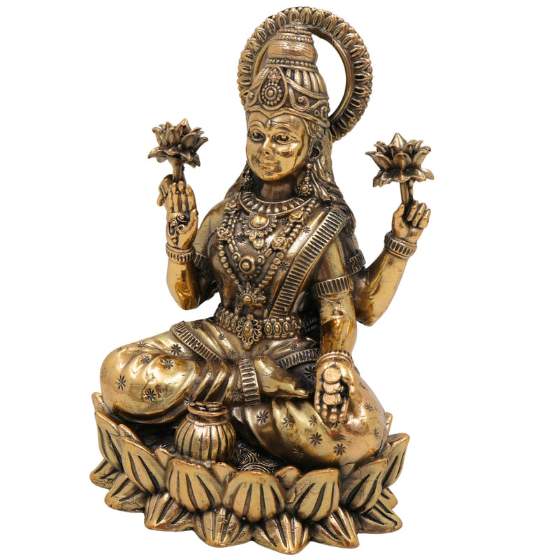 Brass Lakshmi Idol, Handcrafted Sri Lakshmi Murti, Mahalaxmi Statue, Dhana Lakshmi Pratima for Home Pooja & Temple Decor, Gold, 5 Inch, 1 Piece