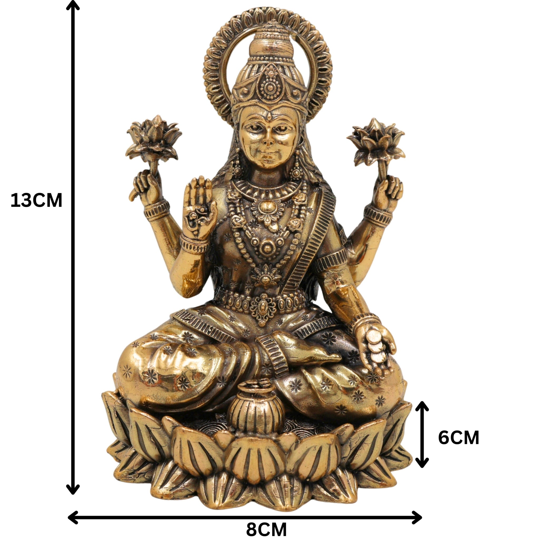 Brass Lakshmi Idol, Handcrafted Sri Lakshmi Murti, Mahalaxmi Statue, Dhana Lakshmi Pratima for Home Pooja & Temple Decor, Gold, 5 Inch, 1 Piece