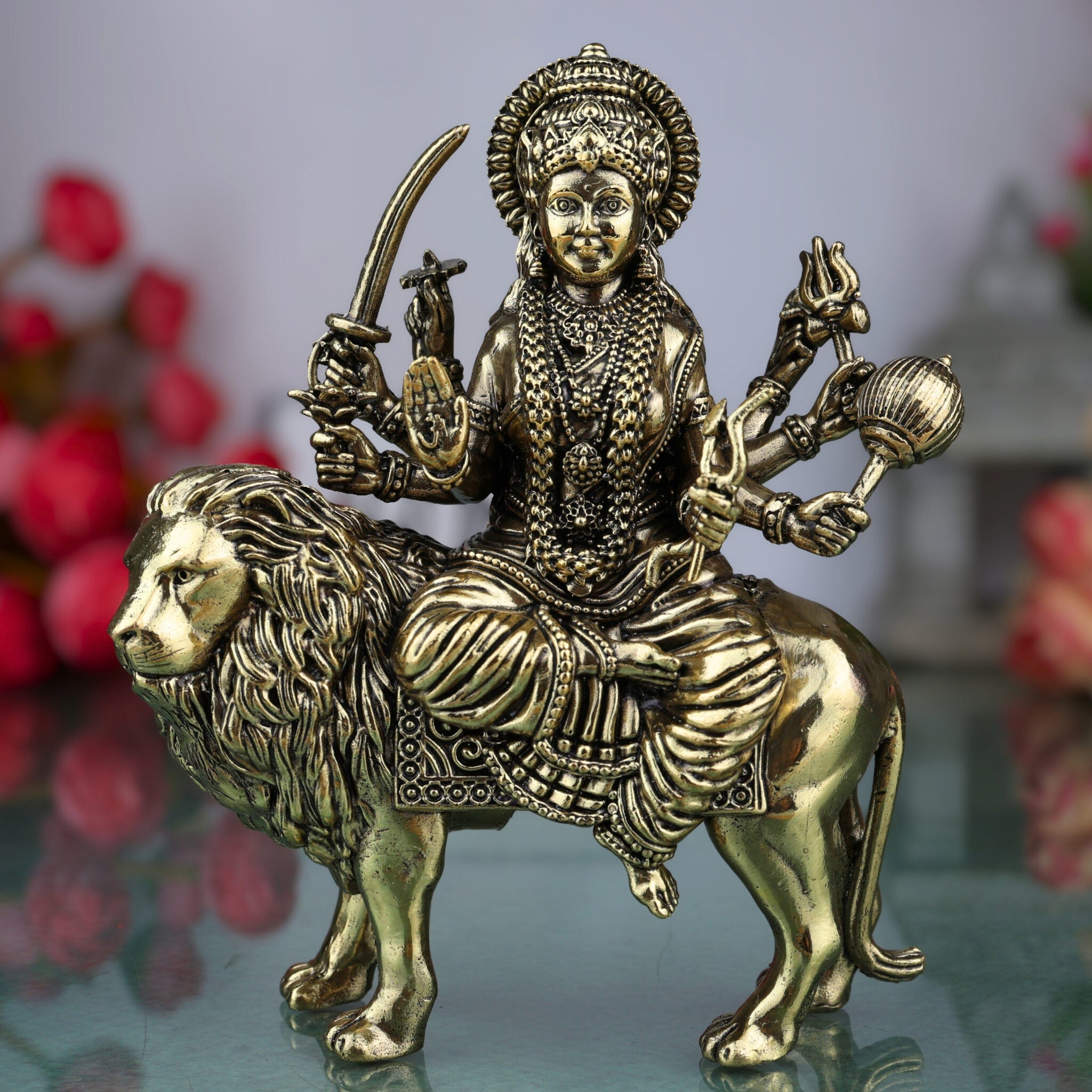 Brass Durga Idol, Maa Durga Murti, Bhagwati Vigraha, Ambika Pratima, Handcrafted Temple Statue for Pooja & Home Decor, Gold, 4.5 Inch, 1 Piece